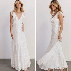 Baltic Born White Lace V-neck Sleevless Tiered Maxi Dress